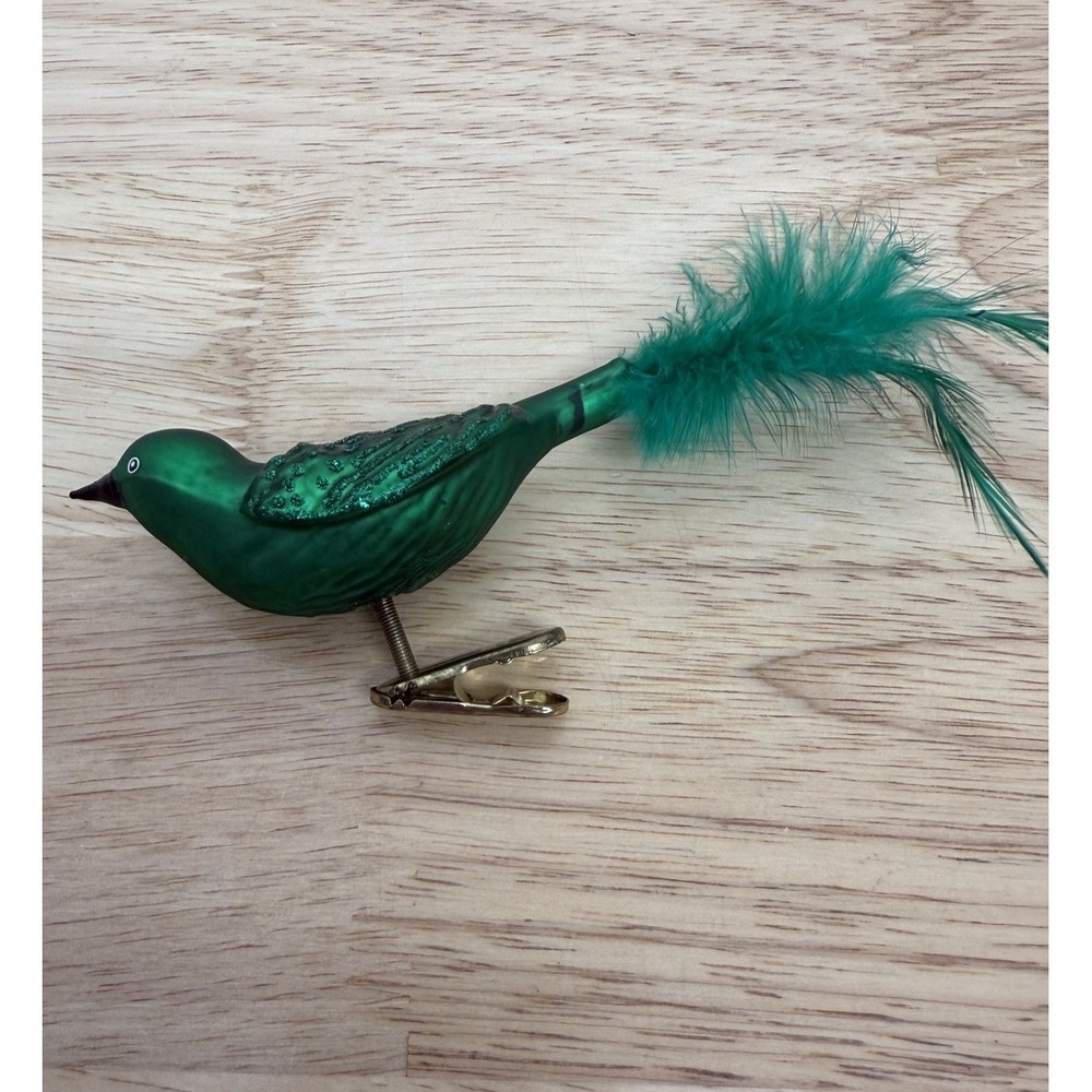 Old World Christmas Brilliant Songbird-Green Glass No Box Feathers Vintage #AA - Picture 2 of 7